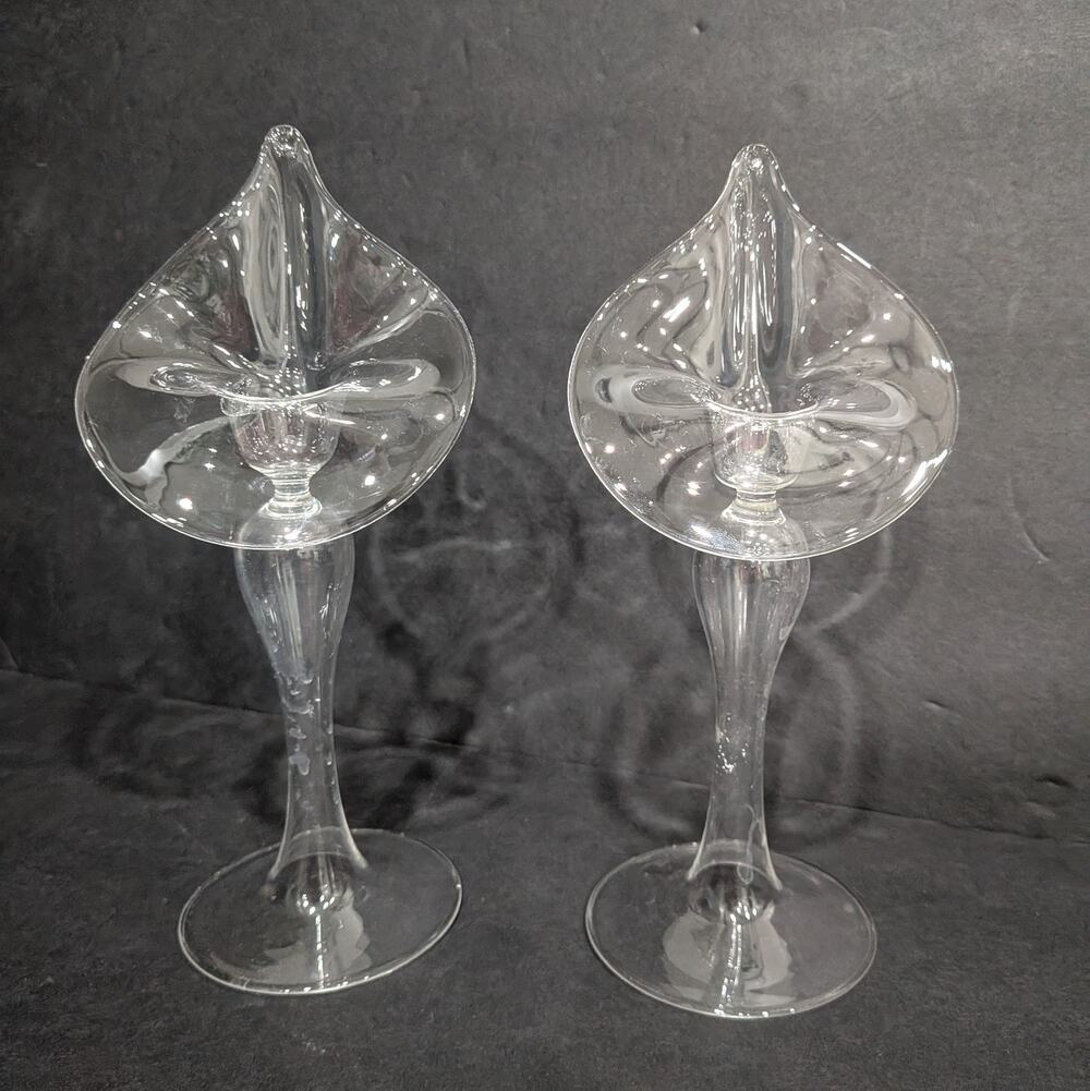 2 Vintage Art Glass Jack In The Pulpit Bud Flower Vase Blown Candlestick Holders